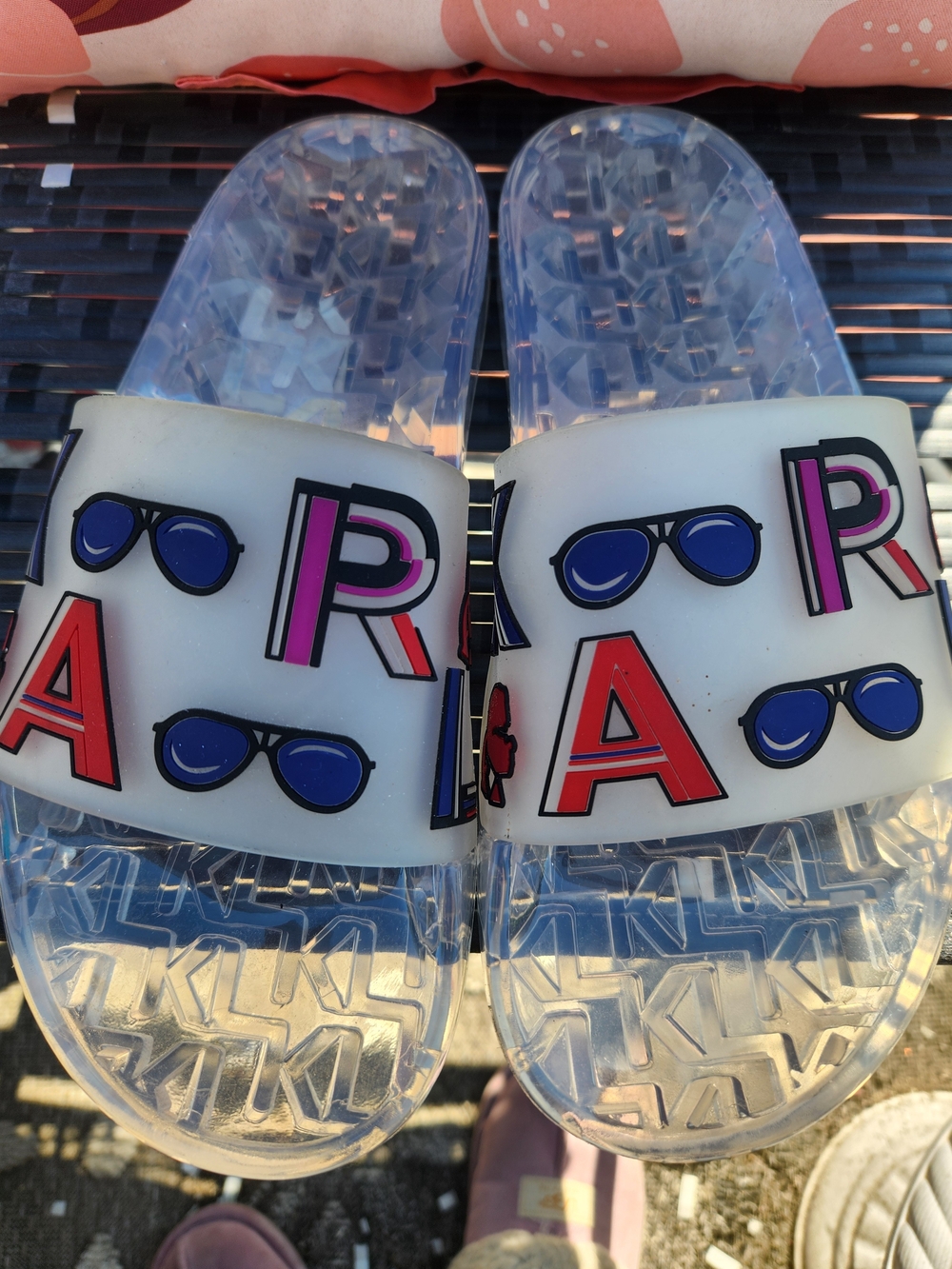 Karl Lagerfeld Colorful Letter & Sunglasses Clear Slide Sandals Size 8 EUC